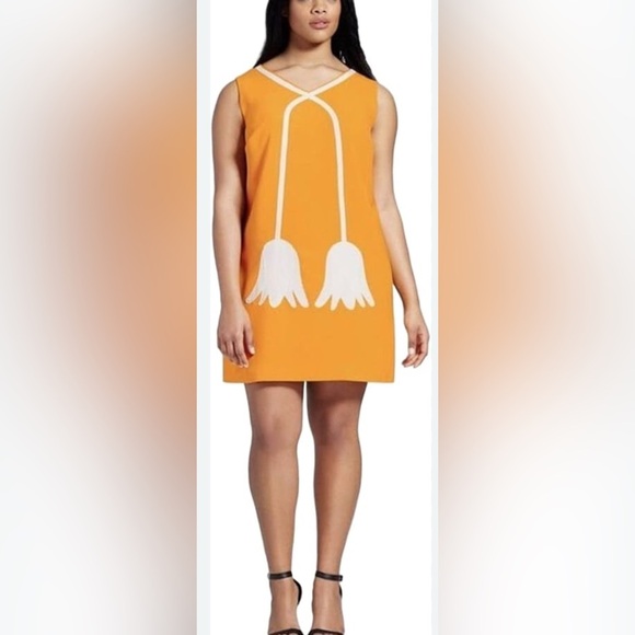 Victoria Beckham 3X Dress Yellow Sleeveless Shift Tulip Applique Retro Mod Style - Picture 1 of 9